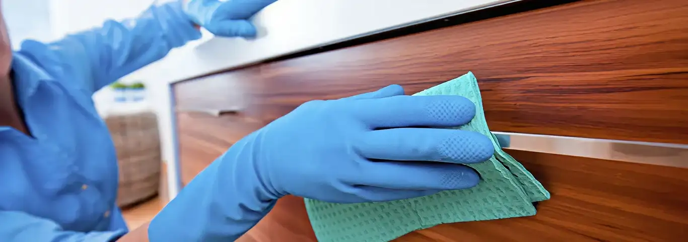 Cleaner wearing blue gloves wiping a wooden cabinet drawer with a microfiber cloth for dust and grime removal, Syracuse, NY.