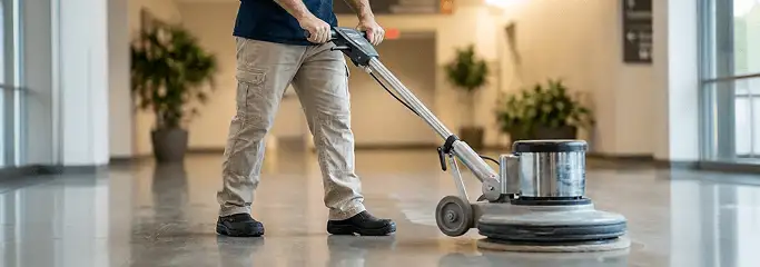 Professional technician using an industrial floor buffer to polish and maintain shiny commercial flooring in a corporate hallway in Syracuse, NY.