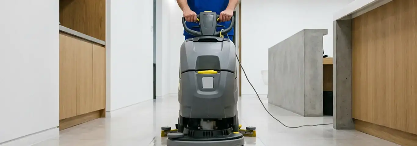 Janitorial staff using a floor scrubber machine to clean a commercial hallway, Syracuse, NY.