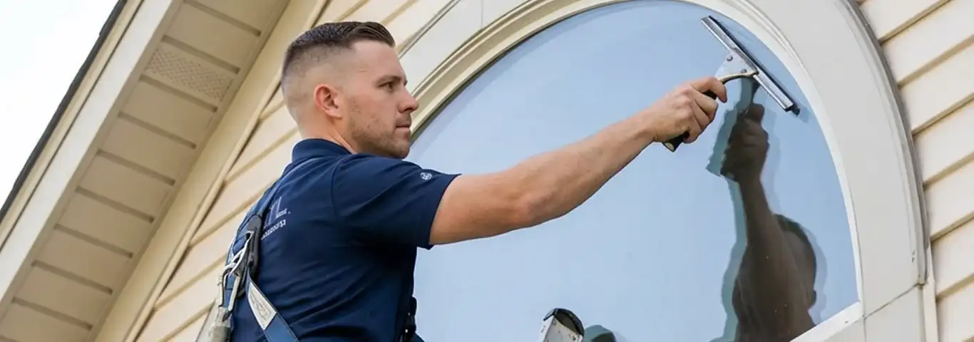 Professional window cleaner using a squeegee to clean an exterior arched window on a home, Syracuse, NY.