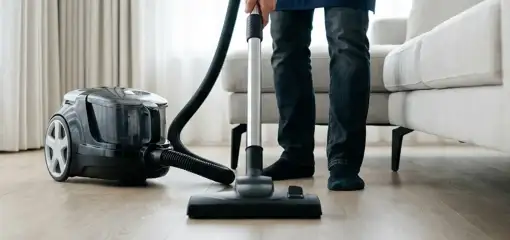Professional house cleaner vacuuming a living room floor with a canister vacuum cleaner, Syracuse, NY.