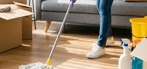 Move-out cleaning setup with a cleaner mopping hardwood floors near moving boxes and cleaning supplies, Syracuse, NY.