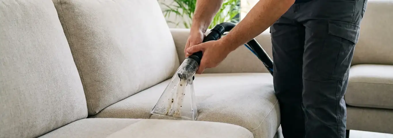 Technician extracting dirt and moisture from a fabric sofa with an upholstery cleaning wand, Syracuse, NY.