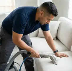 Professional upholstery cleaning technician using an extraction wand to deep-clean a fabric sofa, Syracuse, NY.