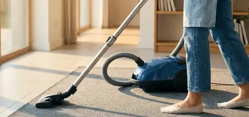 Person vacuuming a living room rug with a canister vacuum cleaner near large windows, Syracuse, NY.